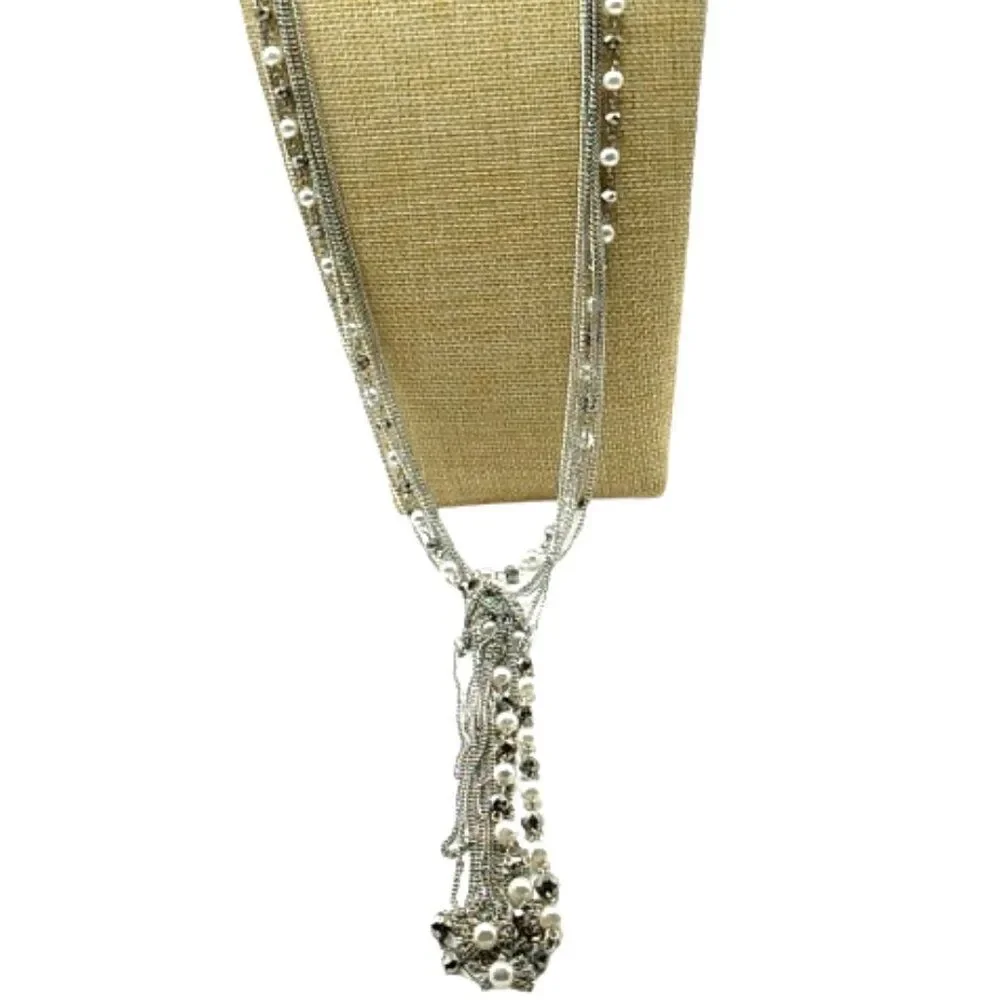 Faux Pearl Crystal Necklace Beaded Multi-Strand Layered Tassel Silver-tone Chain